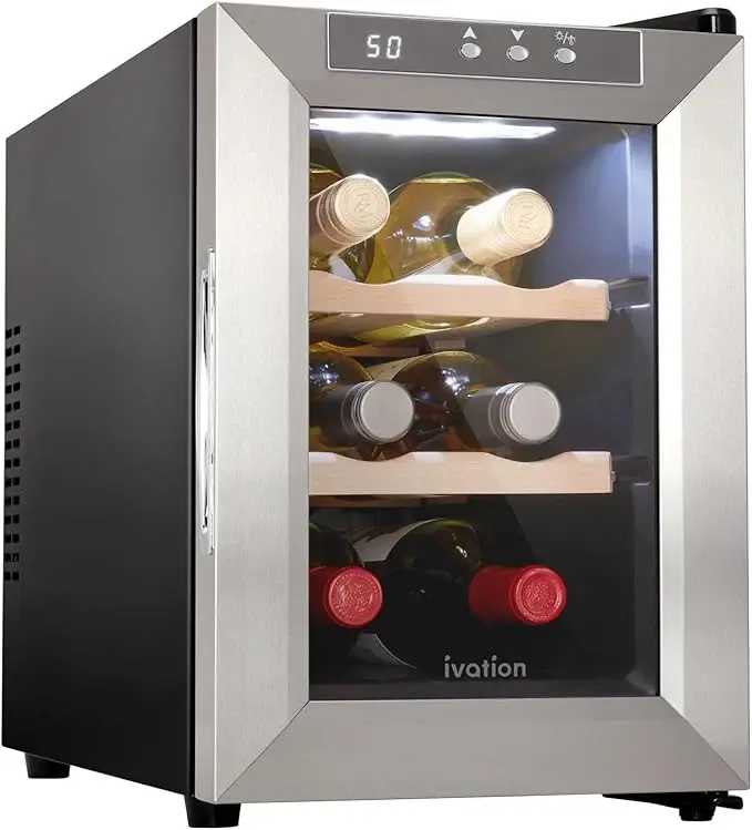 Ivation Premium Stainless Steel 6 Bottle Horizontal Thermoelectric Wine Cooler/Chiller Counter Top Red & Alabaster Wine Ce...