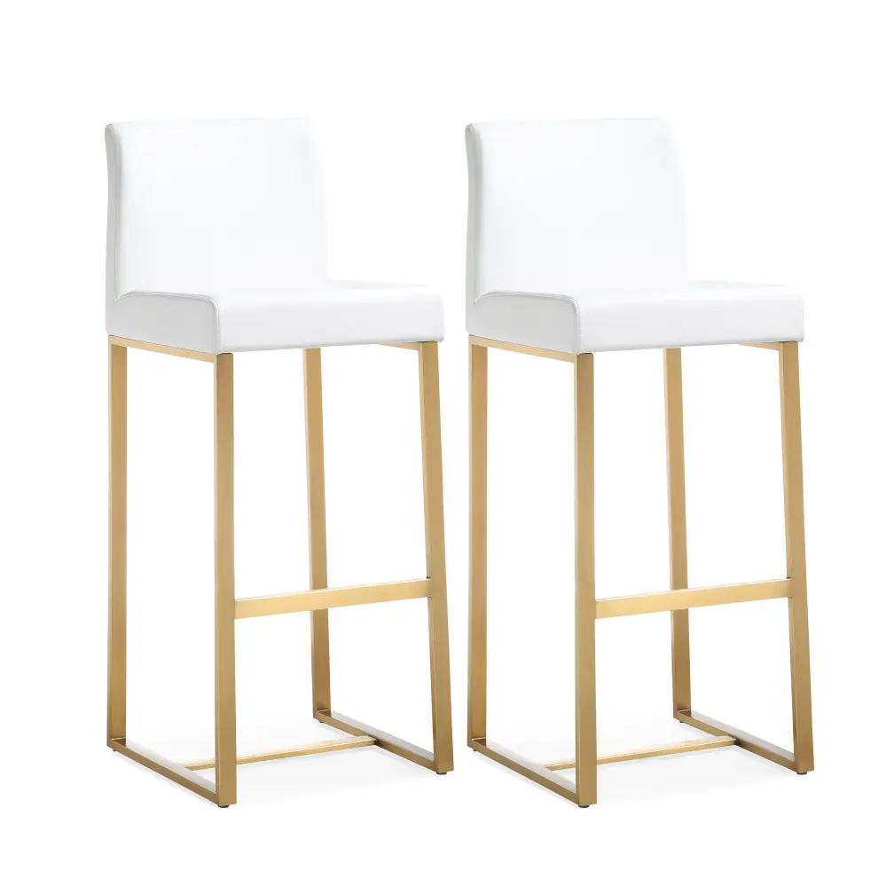 Denmark White Performance Vegan Leather and Gold Steel Barstool - Set 2