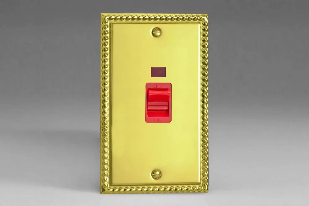 Varilight 45A Cooker Switch + Neon (Vertical Twin Plate, Cherry Rocker) Georgian Brass XG45N
