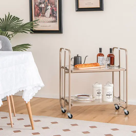 Costway 2-Tier Mobile Serving Cart Tempered Glass Shelf, Golden, KC55498GD