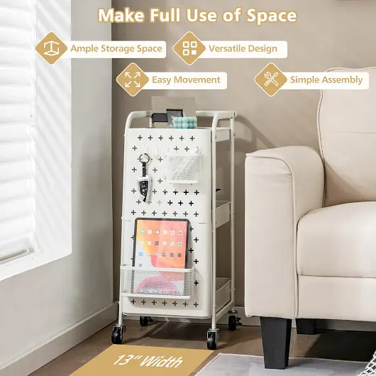 Costway 3-Tier Functionality Storage Cart DIY Pegboard Binquireets, Off-White, KC55044WH