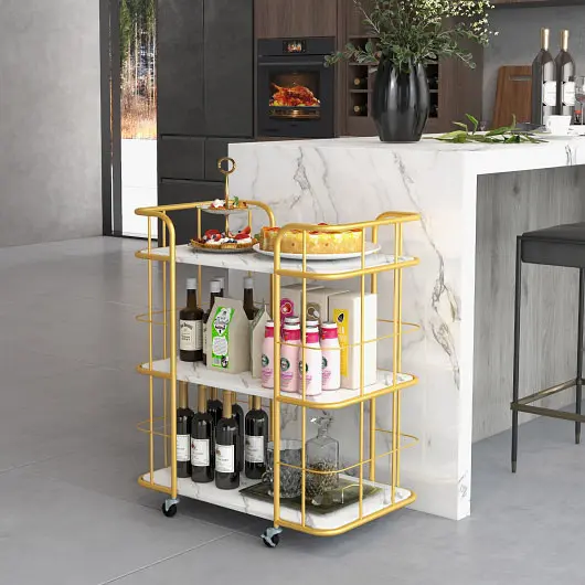 Costway 3-Tier Metal Kitchen Storage Serving Cart Trolley Marble Tabletop and Handles, Golden, KC54249GD