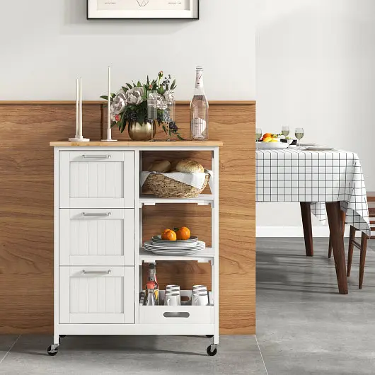 Costway Adaptable Rolling Kitchen Island Functionality Storage Cart 3 Large Drawers, White, KC54185WH