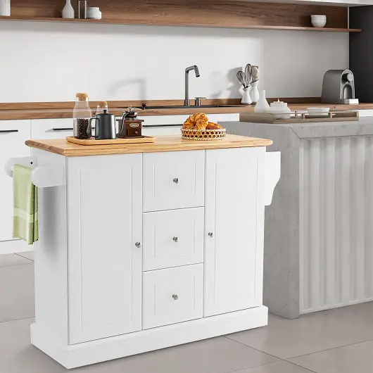 Costway Heat-Resistant 2-Door Large Mobile Kitchen Island Cart Hidden Wheelsand 3 Drawers, White, KC54247WH