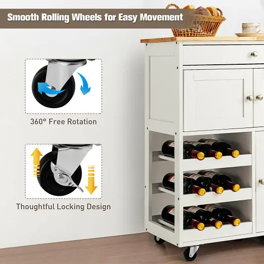 Costway Kitchen Cart Rubber Wood Top 3 Tier Wine Racks 2 Cabinets, White, HW67062WH