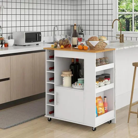 Costway Kitchen Cart on Wheels Bamboo Top and 6-Container Wine Rack, Bright White, KC55547WH