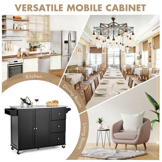 Costway Kitchen Island 2-Door Storage Cabinet Drawers and Stainless Steel Top, Black, HW64505BK