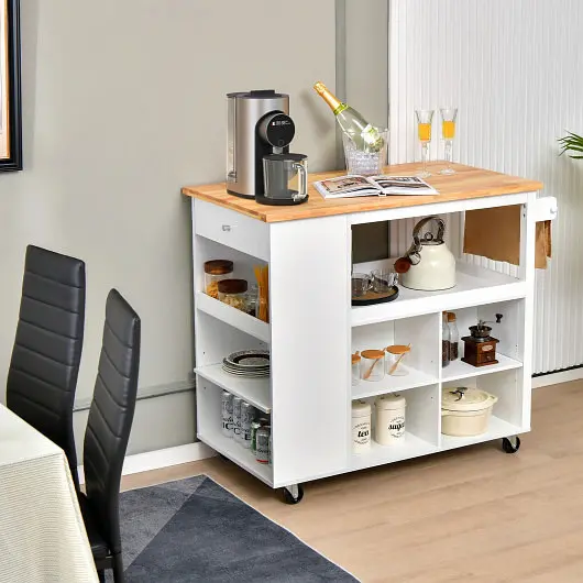 Costway Kitchen Island Trolley Cart on Wheels Storage Open Shelves and Drawer, White, KC55161WH