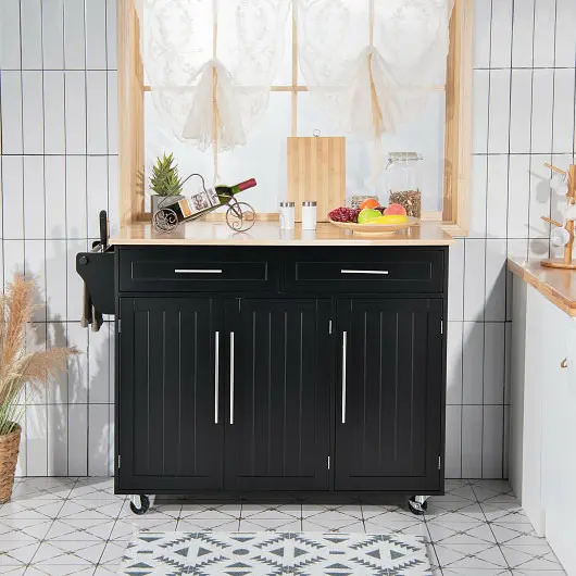 Costway Kitchen Island Trolley Wood Top Spooling Storage Cabinet Cart Knife Block, Jet Black, HW67014BK+