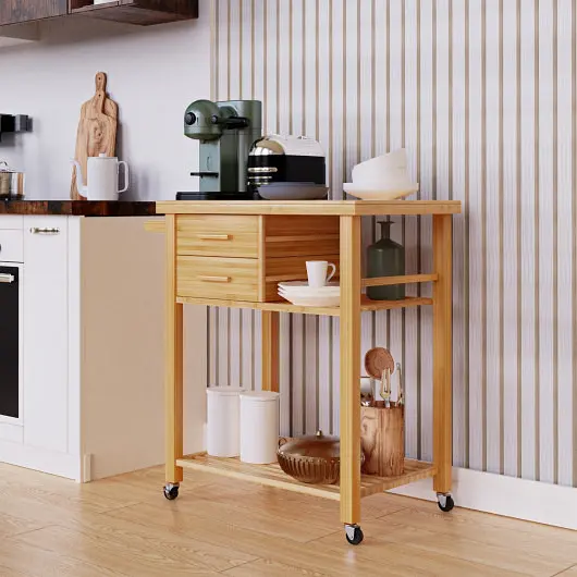 Costway Mini Bamboo Kitchen Trolley Cart Tower Rack and Drawers, KC53113