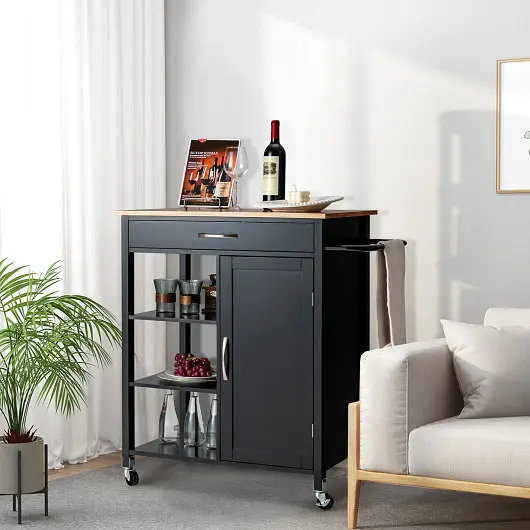 Costway Mobile Kitchen Island Cart Neoprene Wood Top, Midnight Black, KC53961DK