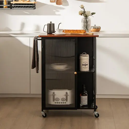 Costway Mobile Serving Cart Transparent Single Door Cabinet, Jet Black, JV10781DK