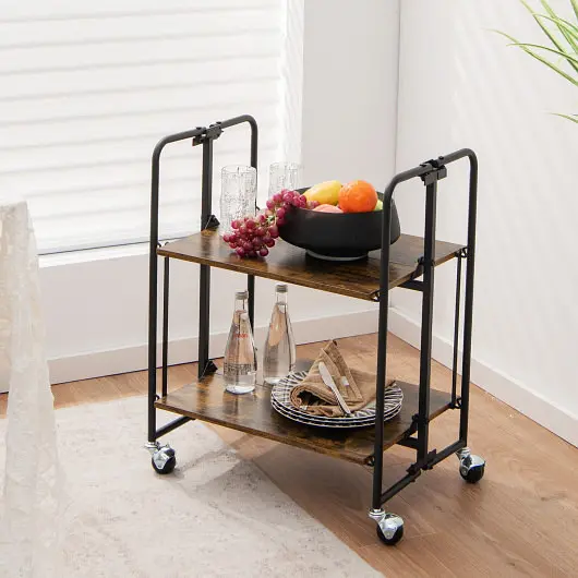 Costway Plug-and-Play Folding Rolling Cart Metal Frame, 2-Tier, TA10010CF