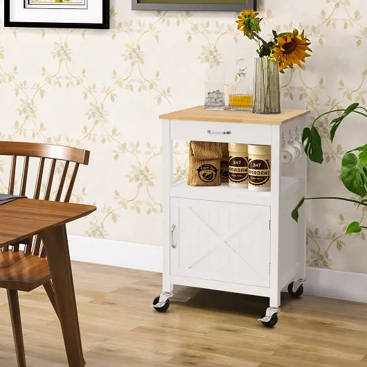 Costway Premium Rolling Kitchen Island Cart Drawer and Side Hooks, White, KC55322WH