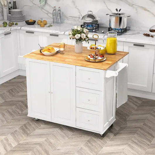 Costway Professional Kitchen Island Trolley Cart Wood Drop, Leaf Tabletop and Storage Cabinet, White, KC54246WH+