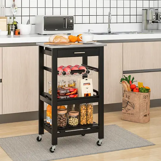 Costway Recyclable Kitchen Island Cart Stainless Spring Steel Tabletop and Binquireet, Black, KC55423BK