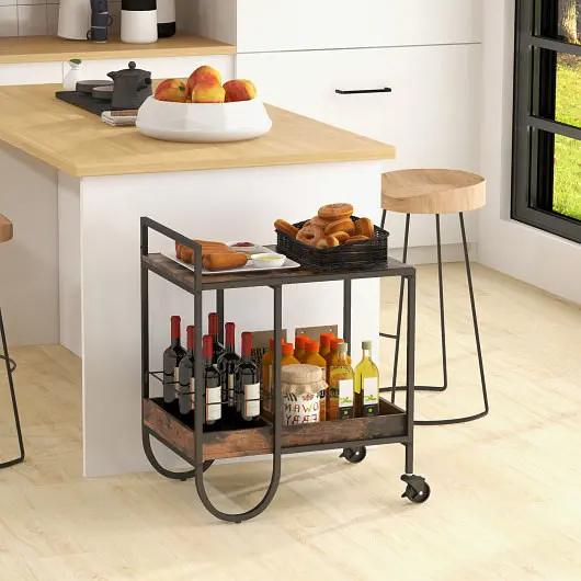 Costway Rolling Buffet Serving Cart Removable Metal Wire Wine Rack, Chocolate, HV10461CF