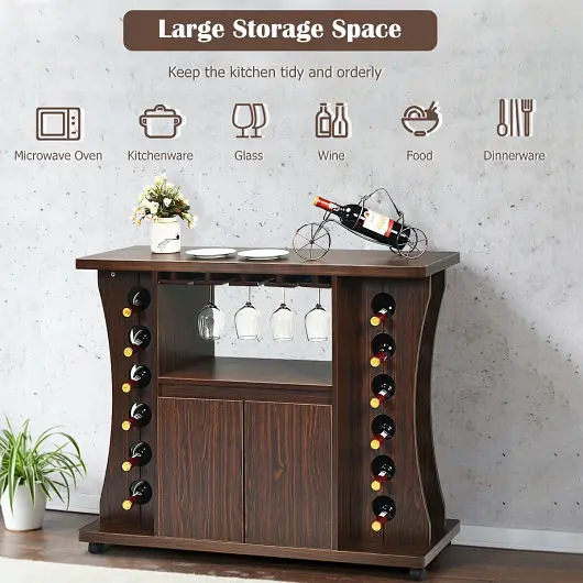 Costway Rolling Buffet Sideboard Wooden Bar Storage Cabinet, Walnut, HW64113BN