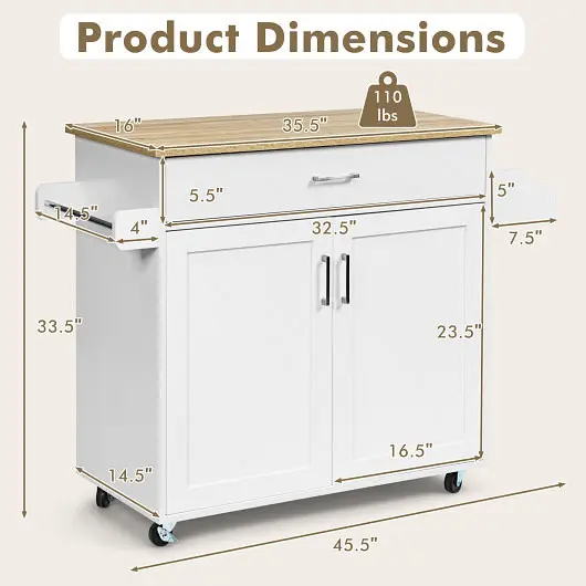 Costway Rolling Kitchen Island Cart Towel and Spice Rack, White, KC51983WH