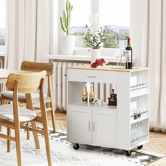 Costway Rolling Kitchen Trolley 3 Spice Racks Drawer and Open Shelf, White, KC53798WH