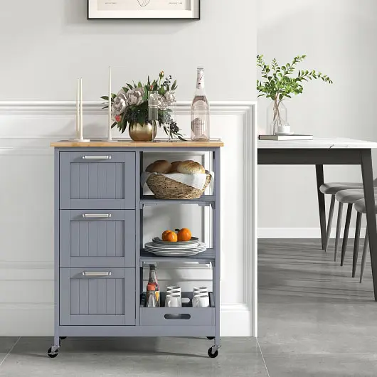 Costway Streamlined Kitchen Island Cart on Wheels Natural Rubber Wood Top and 3 Drawersand Removable Tray, Gray, KC56181GR