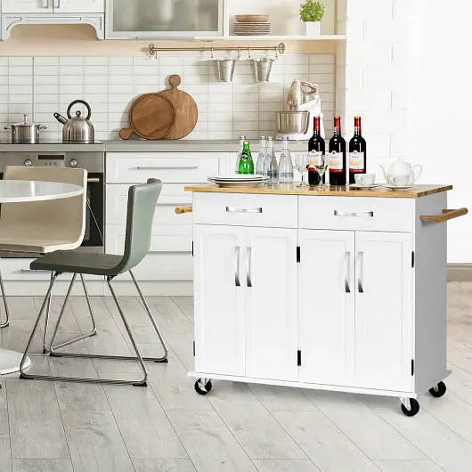Costway Wood Top Rolling Kitchen Trolley Island Cart Storage Cabinet, Snow White, HW60456WH