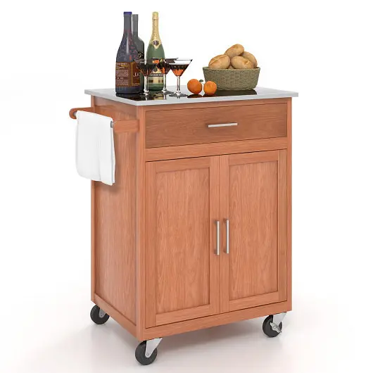Costway Wooden Kitchen Rolling Storage Cabinet Stainless Mild Steel Top, KC43383