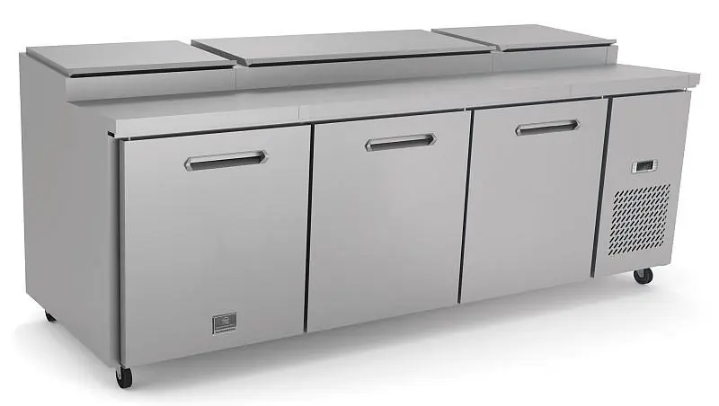 Kelvinator Biodegradable Commercial 3-door pizza preparation table, 92", R290 refrigerant gas, +33/+41°F, stainless ...