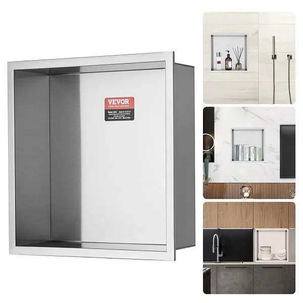 VEVOR 13"x13" No Tile Shower Niche 304 Stainless Metal Steel, Wall-Inserted Niche Recessed Double Shelves, BXGLY...