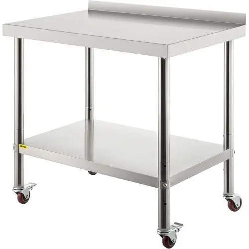 VEVOR 30x24in Stainless Metal Steel Kitchen Work Prep Table Backsplash & Casters, BXGYDGZ302435N0U7V0
