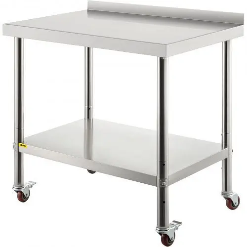 VEVOR 36x24in Stainless Steel Kitchen Work Prep Table Backsplash & Casters, BXGYDGZ362435W02CV0