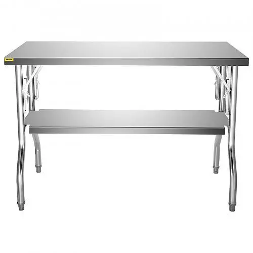 VEVOR Commercial Worktable Workstation 48x30" Folding Commercial Prep Table, Double-Shelf Stainless Metal Steel Foldi...