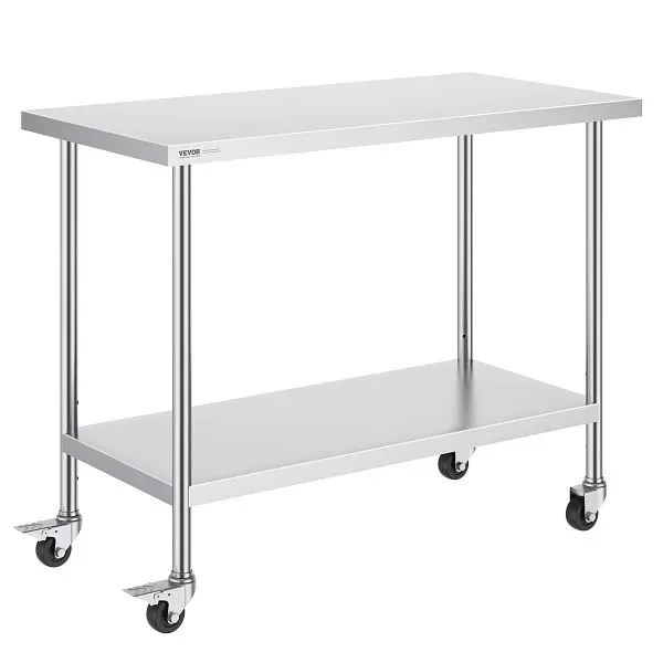 VEVOR Grooved Stainless Steel Work Table 24 x 48 x 38 Inch, 4 Wheels, 3 Adjustable Height Levels, CFBXGGZTLCDJ6DXO2V0