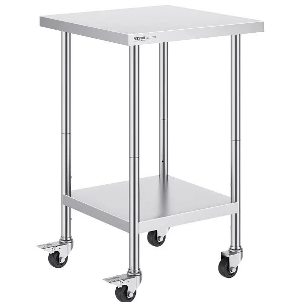 VEVOR Oil Stainless Carbon Steel Work Table 24 x 24 x 38 Inch, 4 Wheels, 3 Adjustable Height Levels, CFBXGGZTLCDJLTPN7V0
