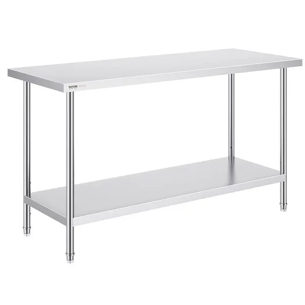 VEVOR Premium Stainless Mild Steel Prep Table, 24 x 60 x 34 Inch, Heavy Duty Metal Worktable 3 Adjustable Height Levels, C...
