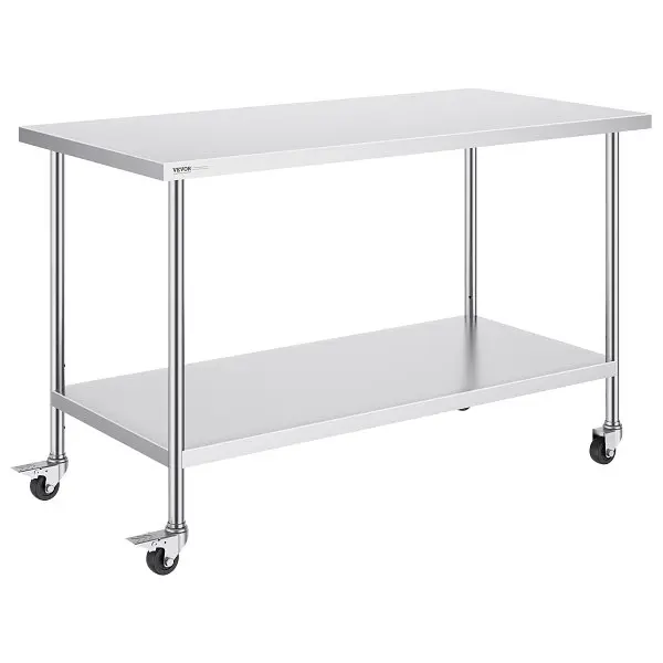 VEVOR Ready-to-Use Stainless Steel Work Table 30 x 60 x 38 Inch, 4 Wheels, 3 Adjustable Height Levels, CFBXGGZTLCDJ1CSD7V0