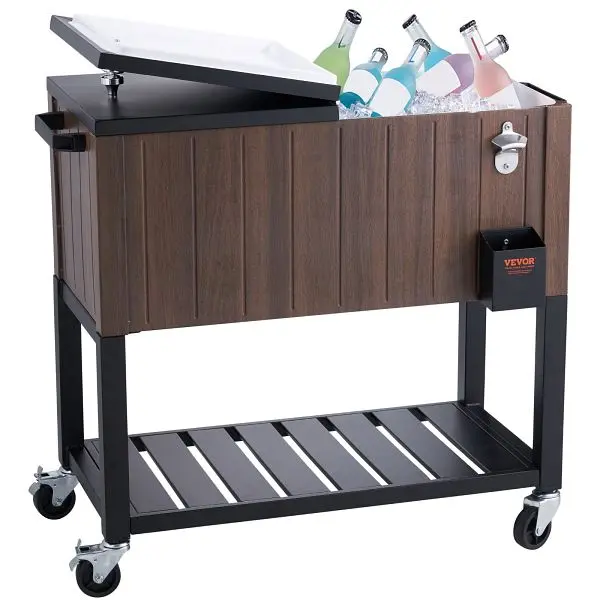 VEVOR Reeling Ice Chest Cooler Cart 80 Quart, Travel-friendly Bar Drink Cooler, Wooden Teak Accent, MWZSHWLQTCK808IRQV0