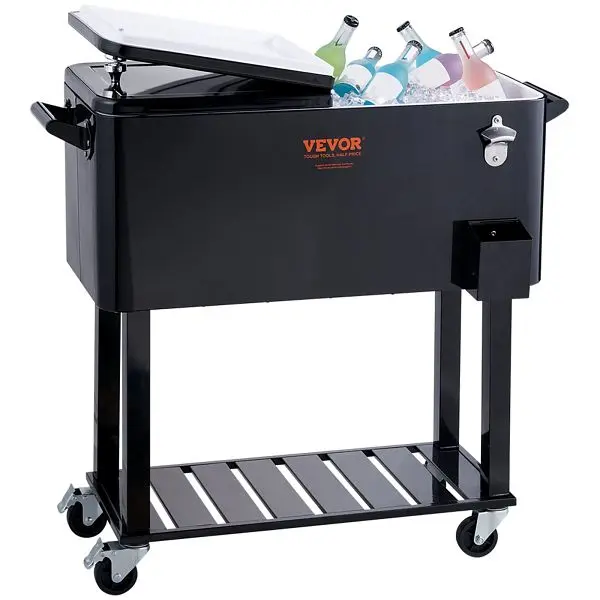 VEVOR Rolling Ice Chest Cooler Cart 80 Quart, Travel-friendly Bar Drink Cooler, Beverage Bar Stand Up Cooler Wheels, FMPTH...