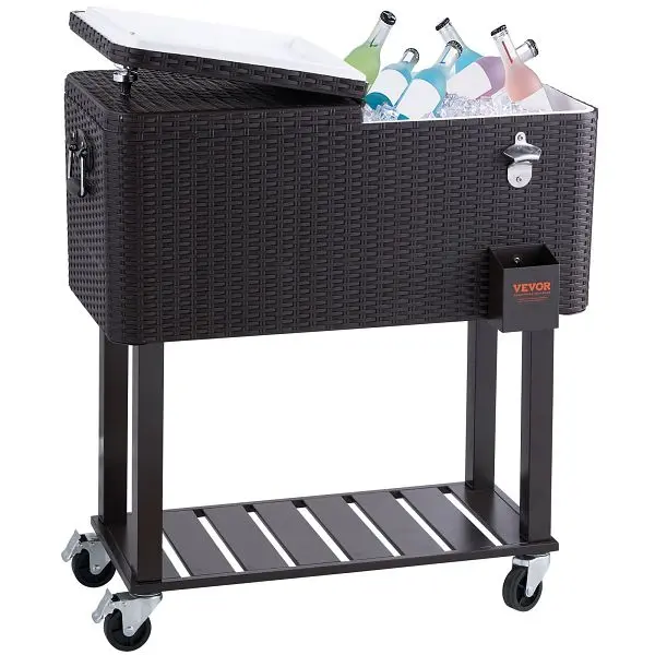 VEVOR Rolling Ice Chest Cooler Cart 80 Quart, Travel-friendly Bar Drink Cooler, Wooden Rattan Accent, TTWGHWLQTCK80ZYWJV0