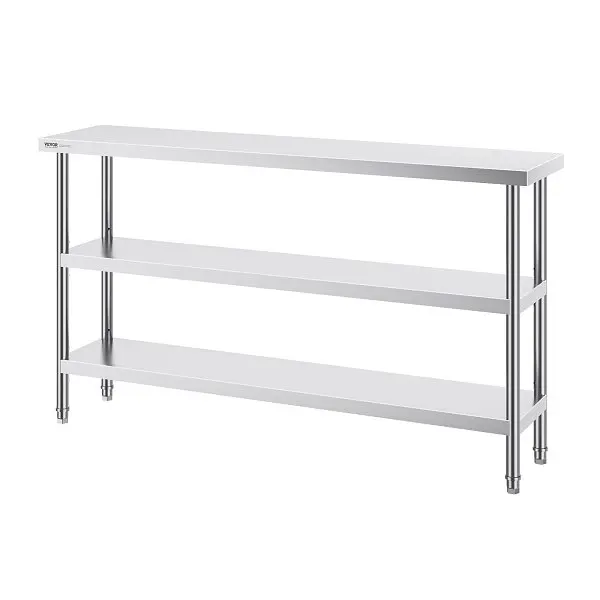 VEVOR Stainless Metal Steel Food Prep Table, 14 x 60 x 34 Inch Commercial Kitchen Worktable, 2 Adjustable Undershelf, CFBX...
